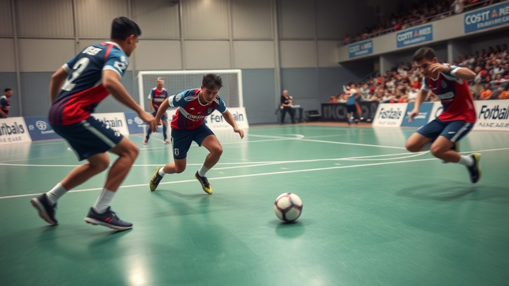 풋살 경기장에서 수비 진형이 무너져 상대 공격수에게 뒷공간을 내주는 역습 허용 장면