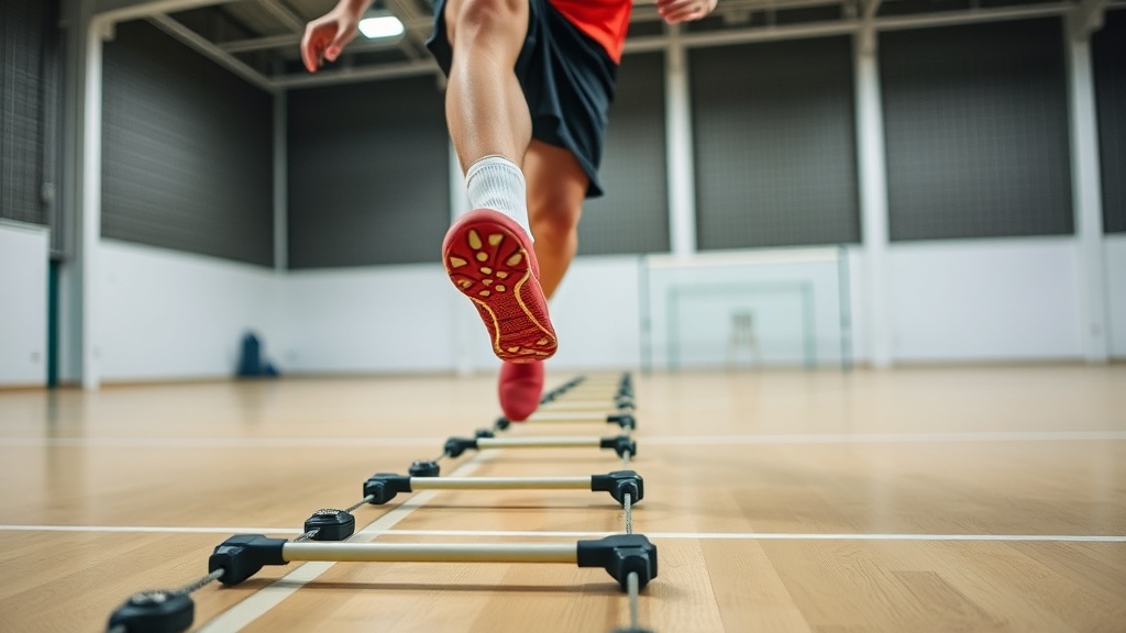 민첩성 향상을 위해 사다리 훈련을 수행하며 발목 안정성을 강화하는 훈련 장면