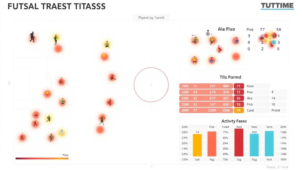 풋살 코트 위에서 픽소, 알라, 피보의 활동 반경과 이동 경로를 화살표로 나타낸 전술 보드 장면