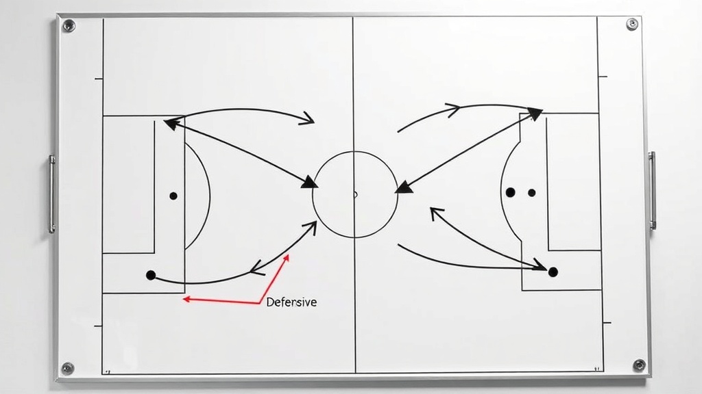 풋살 전술판 위에서 화살표로 표시된 공수 전환 경로와 수비 복귀 동선 분석